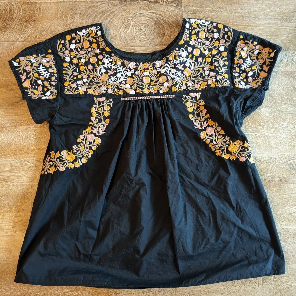 Madewell Black Blouse with Floral Embroidery